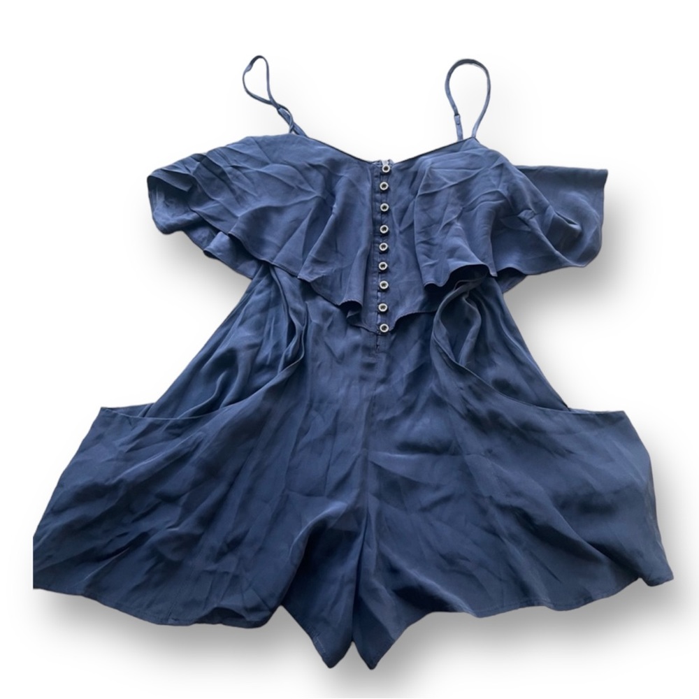 Ever Navy 100% Silk Ruffle Top Relaxed Fit Romper Sz Small Summer Lightweight